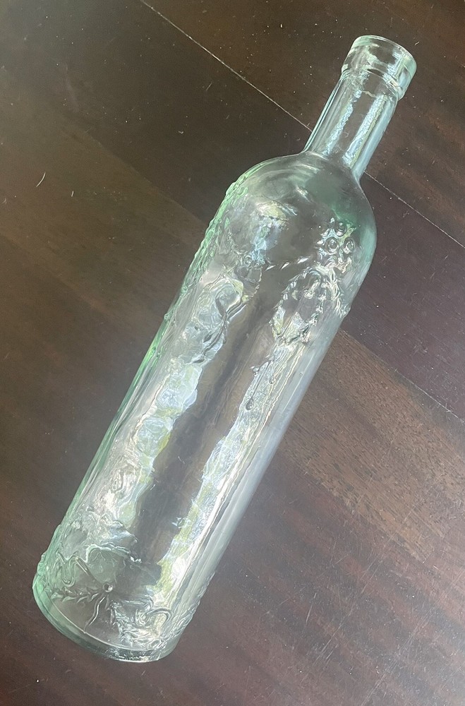 Vintage Pressed Glass Bottle Made in Spain – Water or Wine – Floral Motif (12”)