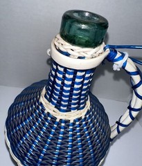 Vintage Blue Woven Plastic Green Glass Wine Bottle Jug Lid Wrapped Albania