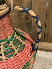 Vintage Green Viresa Glass Bottle Wrapped In Colorful Plastic Wicker 9.5” Tall