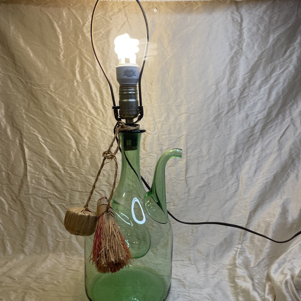 Vintage Italian Hand Blown Green Glass Wine Decanter Jug Bottle 13”tall, LAMP!