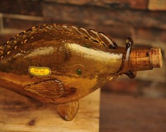 Vintage Haas Bros California Glass Fish Decanter Bottle Amber w/ Green Eyes 15&Prime;