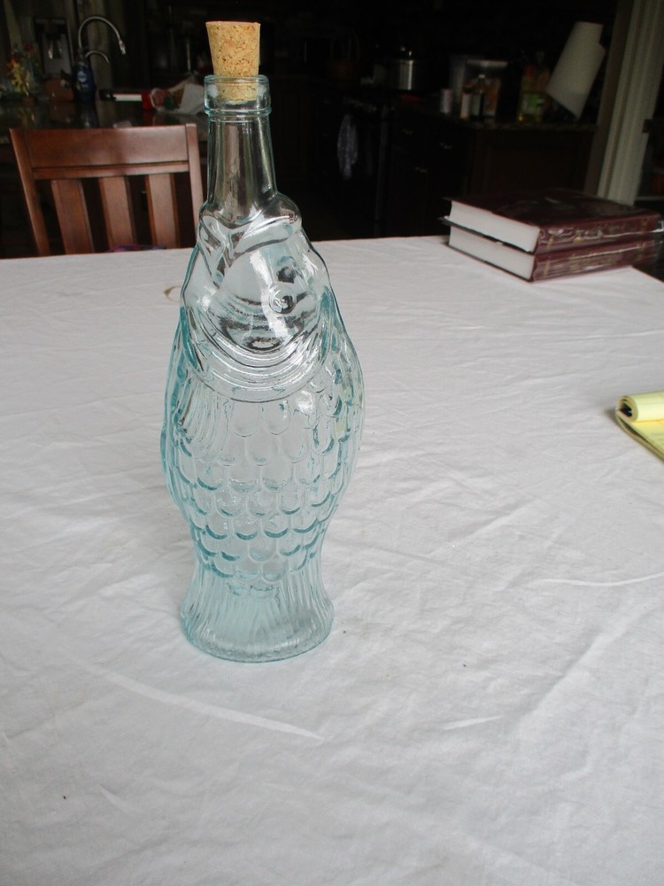 Fish Shaped Clear Light Blue Green Glass Italian Bottle13&Prime; Tall Empty Clean!