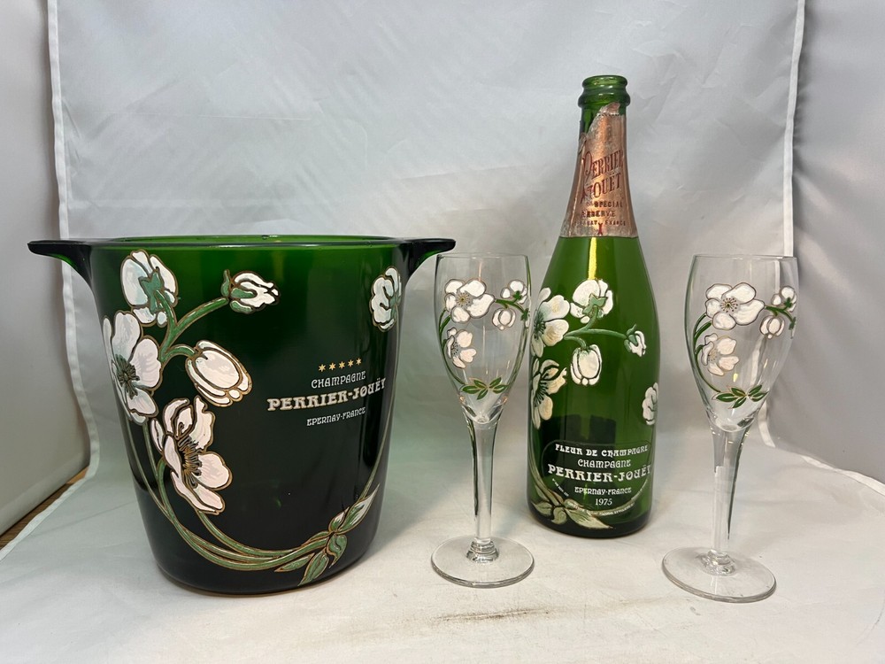 Perrier Jouet Champagne Bucket with Pair Glasses and empty Champagne Bottle 1975