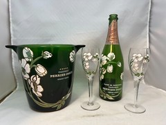 Perrier Jouet Champagne Bucket with Pair Glasses and empty Champagne Bottle 1975