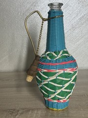 Vintage Spain Wine Bottle Plastic Woven Wicker Metal Handle