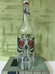 LE VIN Vintage French Wine Glass Bottle, Porcelain Stopper; Art Nouveau Style