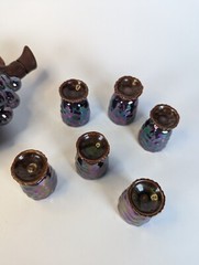 1940s Opalescent Grape Wine Decanter With Cork w 6 Tasting Cups MCM Complete Set