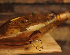 Vintage Haas Bros California Glass Fish Decanter Bottle Amber w/ Green Eyes 15&Prime;