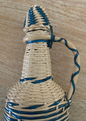 Vintage 1970s FRENCH WICKER-WRAP WINE BOTTLE Parisian Blue/Cream Plastic Vintner