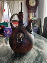 VTG Italian Green Glass Leather Wrapped Decanter Wine Bottle Galleon 12 in