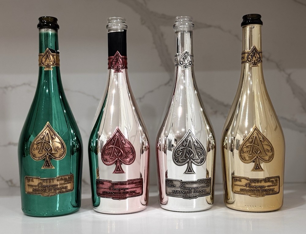 ACE OF SPADES Armand de Brignac 4 Empty Champagne Bottles Green Pink Silver Gold