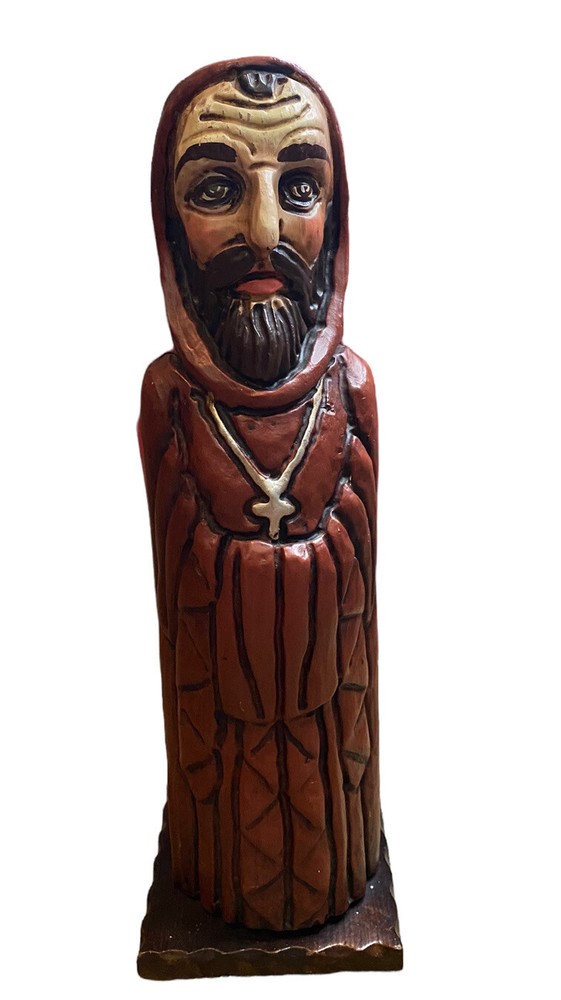 VTG Figural Hand Carved Wood Bottle Wine Case Knight Monk Safe Secret Religious