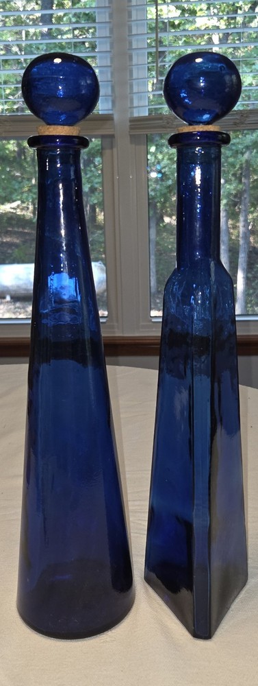 Vintage Cobalt Triangle and Round Wine Bottles with Corks