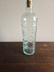 La Mediterranean Blown Teal Glass Wine Bottle/Decatur W/Cork Embossed Grapes