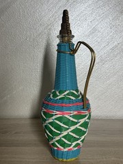 Vintage Spain Wine Bottle Plastic Woven Wicker Metal Handle