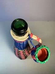Vintage Woven Plastic Wine Bottle Art with Lid Spain 15&Prime; Tall Retro
