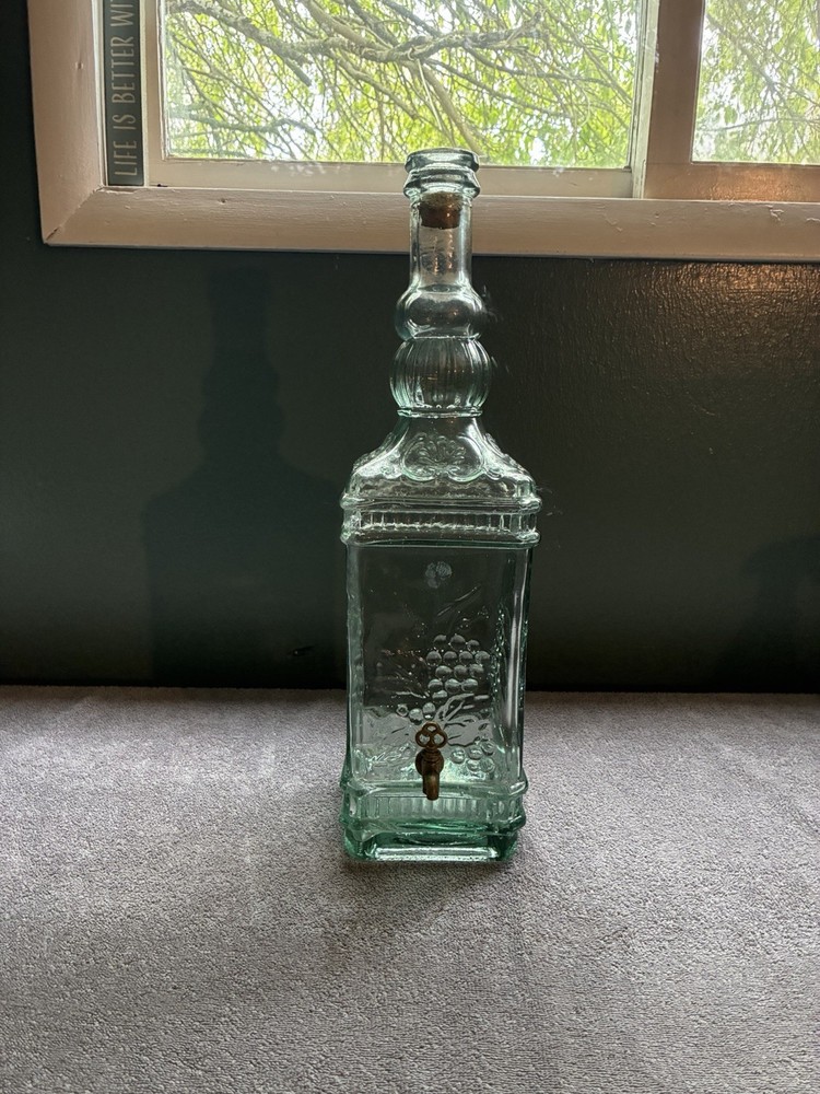 Vintage Spanish Green GlassWine Decanter DispenserSpigot Embossed Grapes 20.5&Prime;