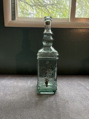 Vintage Spanish Green GlassWine Decanter DispenserSpigot Embossed Grapes 20.5&Prime;