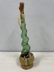 Vintage 18” Corkscrew Shape Empty Green Glass Wine Bottle Basket & Label