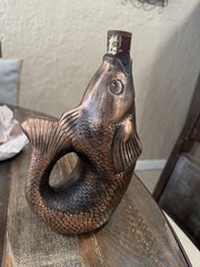 KINDZMARAULI GEORGIAN CERAMIC CLAY FISH SHAPED EMPTY RED WINE BOTTLE BRONZE