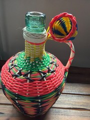 Vintage Viresa Spain Wine Bottle Plastic Woven Wicker Metal Handle Empty Boho