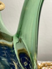 1963 Chianti Italian Wine Green Glass Decanter & Blue Wicker Basket w/labels.