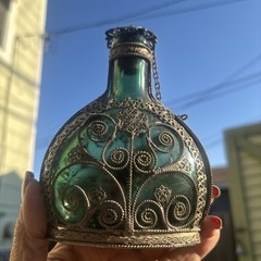 Vintage Silvered Copper Wire Filigree Wrapped Bottle, Greece