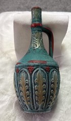 Ceramic Empty Wine Bottle Decor, Signed Beautiful Turquoise And Red