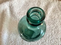 Vintage 6” Wine Bottle Grape Design With Heart ..Cantine Vaseline..Teal Blue