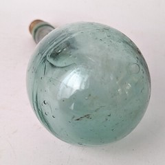 Antique Hand Blown Glass Round Bottom Bulb Wine Bottle Flask Aqua Vtg