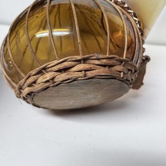 Vintage 10 1/4” Amber Glass Wine Decanter W Spout Rattan Trim & Wood Stopper