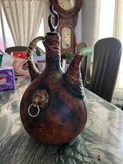 VTG Italian Green Glass Leather Wrapped Decanter Wine Bottle Galleon 12 in
