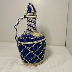 Vintage Blue Woven Plastic Wine Bottle Jug with Lid Spain Not Consumable