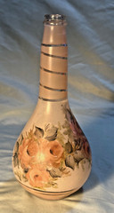 VINTAGE HAND PAINTED GLASS BOTTLE WINE BOTTLE PINK ROSES 10 INCHES