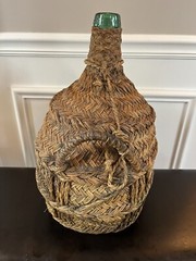 Demijohn Green Bottle Vintage Made In Barcelona Mark VBSA Wrapped In Wicker
