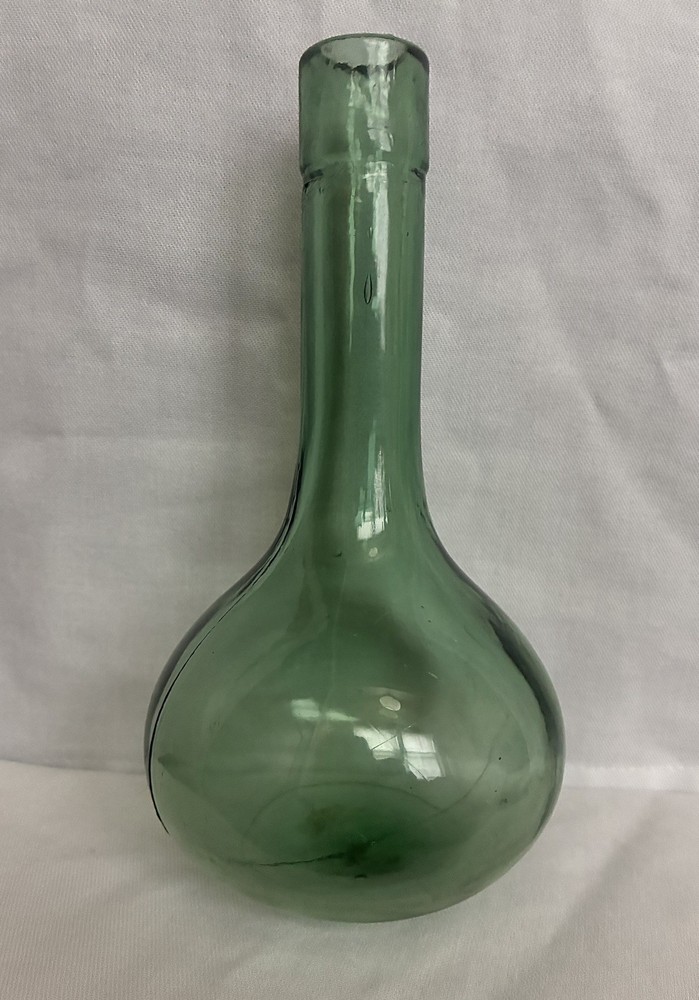 Vintage 7”-Hand Blown Green Glass Round Bottom Wine Bottle!