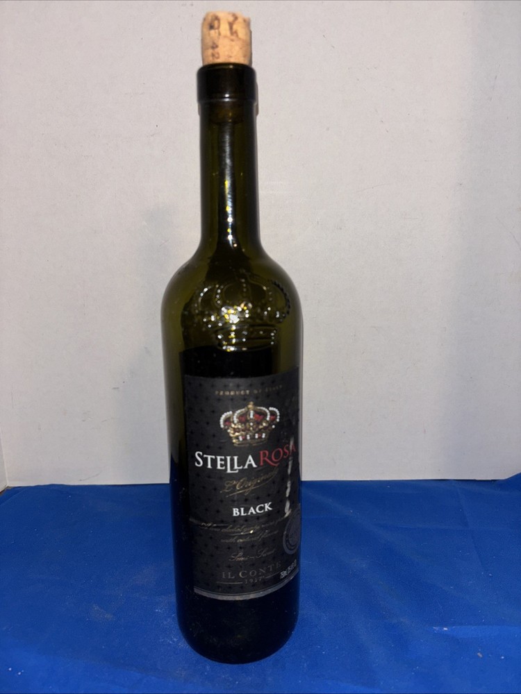 Empty Stella Rosa Black Dark Wine Bottle- w/cork -Clean -Small Tear On Label