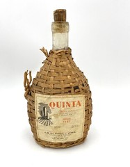 Vintage Wicker Wrapped Clear Glass Quinta Lisbon Wine Bottle Portugal Empty.