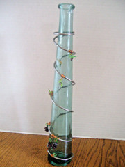 VINTAGE GREEN WINE BOTTLE / VASE Decorated w/Metal, Copper & Plastic Grapes