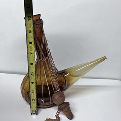 Vintage 10 1/4” Amber Glass Wine Decanter W Spout Rattan Trim & Wood Stopper