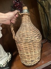 Vintage Rustic Woven Wicker Rattan Wine Bottle Demijohn Jug 13” Tall Aqua