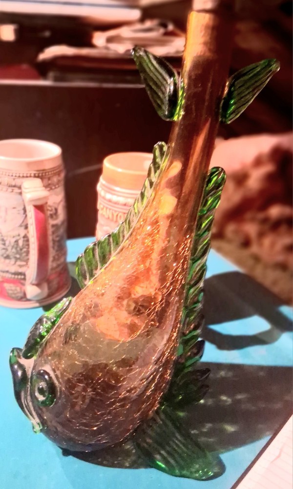Nello Gori Brown Crackled Glass Fish Wine Bottle