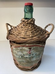 Vtg Wicker Wrapped Demijohn Label DALMAU Spain Green Glass Wine Bottle 13” tall