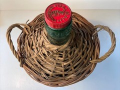 Vtg Wicker Wrapped Demijohn Label DALMAU Spain Green Glass Wine Bottle 13” tall