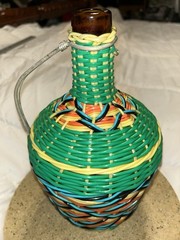 Vtg Viresa Plastic Woven Wicker Wine Bottle Metal Handle- Empty 12&Prime; No Cap