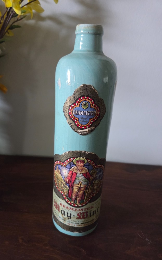 Vintage Beameister Jade Green Stoneware Bottle May-Wine w/ Utah liquor control