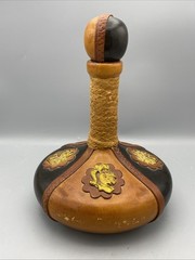 Vintage Italian Leather Wrapped Wine Bottle w/ Wood Stopper