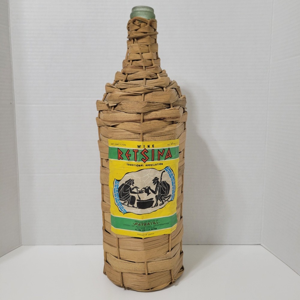 VTG RETSINA~CLASSIC~STRAW WICKER GREEK WINE BOTTLE CLEAR GLASS~3 LTR LITER LABEL