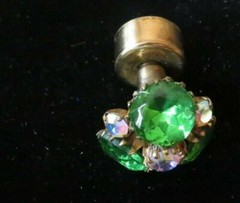 SMALL ANTIQUE GREEN FRENCH PERFUME ATOMIZER BOTTLE WITH JEWELED TOP