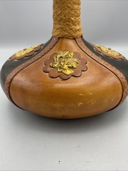 Vintage Italian Leather Wrapped Wine Bottle w/ Wood Stopper